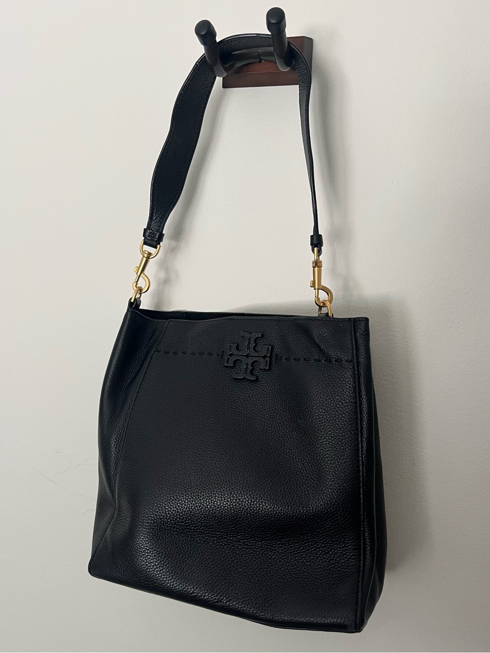 Tory Burch Black Pebbled Leather Shoulder Tote with Gold Hardware